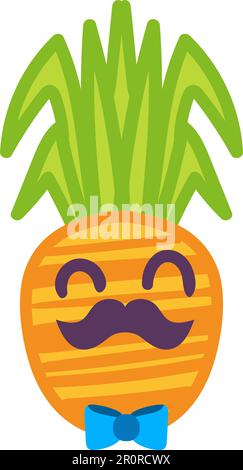 Illustration vectorielle jolie taille basse ananas dessinée à la main. Autocollant « fruit with moustache and Bow Tie cool » Illustration de Vecteur