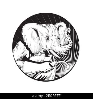 Dessin au trait, illustration de style d'esquisse d'un soudeur à éléphant avec chalumeau de soudage, vu du cercle intérieur de l'ensemble latéral réalisé en noir et blanc sur isolé Banque D'Images