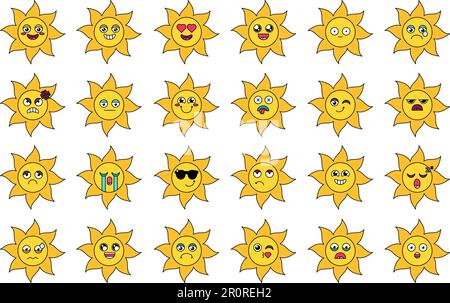Ensemble de jolis autocollants pour le soleil avec illustrations vectorielles. Diverses émoticônes de dessin animé. Pack emoji sur les réseaux sociaux Illustration de Vecteur