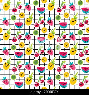 Motif vectoriel transparent fruit de couleur. Doodle ananas, kiwi, merisier emoji sur fond de lignes de grille Illustration de Vecteur