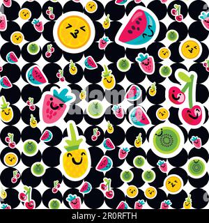 Fruit emoji couleur motif vectoriel sans couture. Autocollants ananas, kiwi, orange sur fond de cercles Illustration de Vecteur