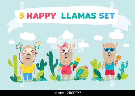 Jeu de personnages de dessin animé de lamas heureux. Alpacas avec écouteurs, crème glacée, dessins plats à l'italienne Illustration de Vecteur