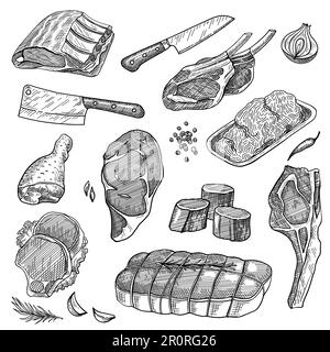 Viande hachée, steak de bœuf, côtes de porc, sirloin, cuisse de dinde, jeu de couteaux Illustration de Vecteur