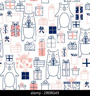 Motif avec ours et cadeaux sur fond blanc Illustration de Vecteur