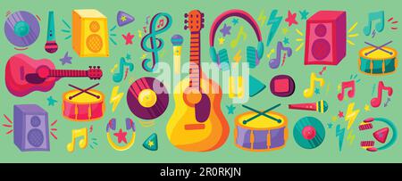 Concert de musique bannière plat ensemble. Autocollants packHand tiré guitare, batterie, collection de disques Illustration de Vecteur