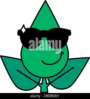 Icône d'émoticône de garçon frais de feuille d'arbre. Emoji botanique confiant, visage macho avec autocollant de lunettes de soleil Illustration de Vecteur