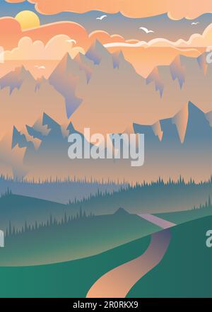 Coucher de soleil dans l'illustration de vecteur de forêt. Vol d'oiseaux au-dessus des montagnes. Paysage d'été Illustration de Vecteur
