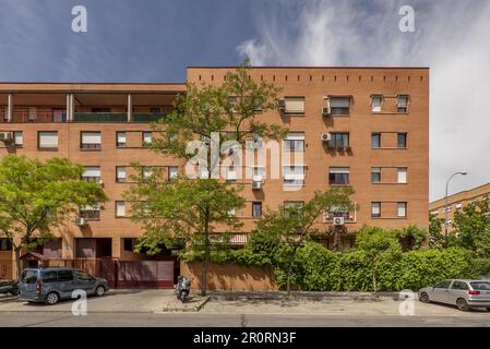 Façade d'un bâtiment résidentiel urbain de couleur argile avec de jeunes arbres et de nombreuses vignes au rez-de-chaussée Banque D'Images