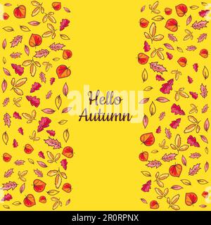 Bannière Hello automne avec feuilles de couleur dessinées à la main isolées sur fond jaune. Lettre de calligraphie et détails de l'arbre de chute d'or saisonnier. Saison Illustration de Vecteur