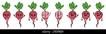 Mignon kawaii style violet rouge radis racine légume, souriant. Version avec les mains levées, abaissés et en agitant Illustration de Vecteur