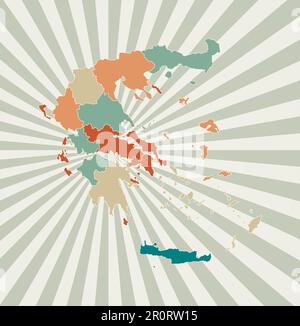 Carte de la Grèce. Affiche avec carte du pays dans une palette de couleurs rétro. Forme de la Grèce avec le fond de rayons de soleil. Illustration vectorielle. Illustration de Vecteur