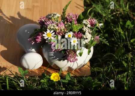 Mortier en céramique avec pilon, différentes fleurs sauvages et herbes sur l'herbe verte à l'extérieur Banque D'Images