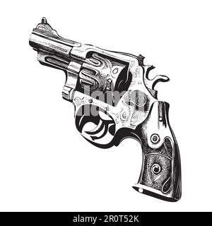 Esquisse revolver vintage dessinée à la main dans une illustration de style Doodle Illustration de Vecteur