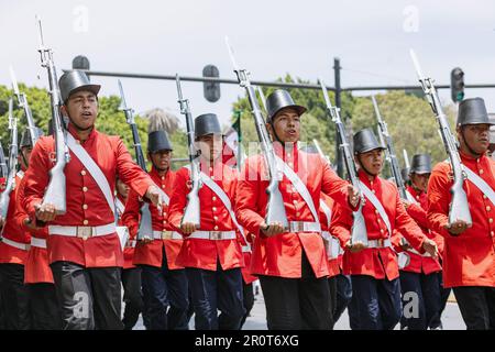 Représentation de la bataille de 5 mai, marche dans le défilé civique à l'anniversaire de la bataille de 5 mai dans l'état de Puebla Banque D'Images