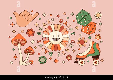 Ensemble groovy Elements en style rétro hippie 70s . Autocollants vectoriels géométriques abstraits : Marguerite, main Shaka, champignon, rouleau, dés à imprimer Illustration de Vecteur