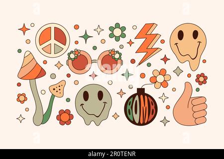 Ensemble groovy Elements en style rétro hippie 70s . Autocollants vectoriels géométriques abstraits : comme la main, le visage souriant de Melting, le champignon, le signe de la paix, la bombe Illustration de Vecteur