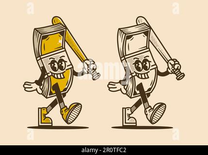 Motif personnage de mascotte de l'argent tenant un bâton de baseball dans le style vintage Illustration de Vecteur