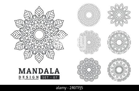 Ensemble de motifs de fleurs mandala noir et blanc Illustration de Vecteur