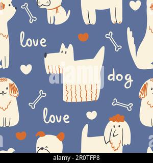 Motif chiens sans coutures. Animaux mignons dans un style de dessin animé scandinave simple et naïf à la main. Illustration de Vecteur