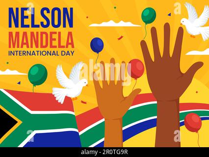 Bonne illustration du vecteur de la Journée internationale Nelson Mandela le 18 juillet avec un drapeau d'Afrique du Sud dans des modèles de page d'arrivée tirés à la main de dessin animé Illustration de Vecteur