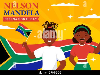 Bonne illustration du vecteur de la Journée internationale Nelson Mandela le 18 juillet avec un drapeau d'Afrique du Sud dans des modèles de page d'arrivée tirés à la main de dessin animé Illustration de Vecteur