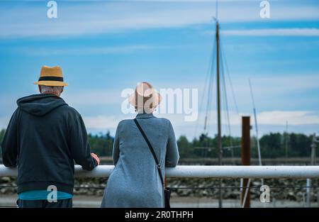 Vue arrière d'un couple senior debout sur une terrasse en bois dans le parc. Détente couple de personnes âgées à l'extérieur. Couple senior amoureux à la retraite appréciant la vie de mer Banque D'Images