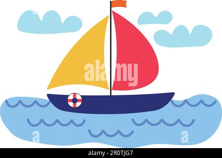 Un voilier naviguant dans l'océan. Activités sportives en plein air dans le concept de vacances d'été. Illustration : motif plat rouge, bleu, jaune et blanc. Illustration de Vecteur