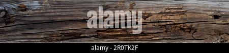 panorama de décomposition, de pourriture, de chute de poutre en bois, de bois abîmé avec fissures et dommages Banque D'Images