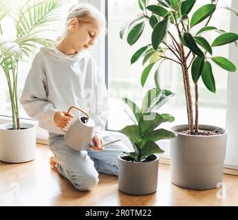 Petite fille arroser et prendre soin des plantes de maison Banque D'Images