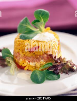 timbale de riz et de thon avec une sauce à la crème fraîche Banque D'Images