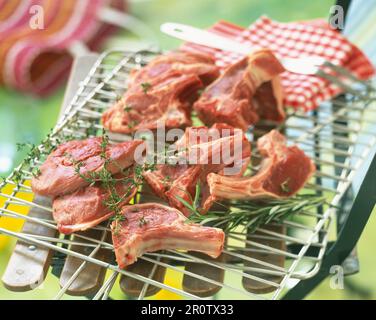 Pour griller les côtelettes d'agneau cru Banque D'Images