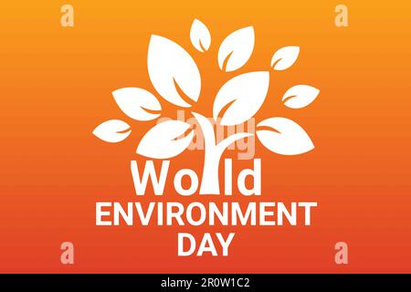 Illustration vectorielle de la Journée mondiale de l'environnement avec arbre à feuilles blanches sur fond de dégradé orange. Convient aux cartes de vœux, affiches et bannières. Illustration de Vecteur