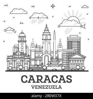 Aperçu Caracas Venezuela Skyline de la ville avec des bâtiments modernes et historiques isolés sur White. Illustration vectorielle. Caracas Cityscape avec des sites touristiques. Illustration de Vecteur