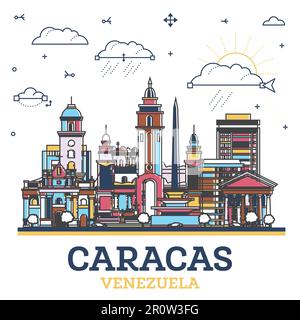 Aperçu Caracas Venezuela Skyline avec des bâtiments historiques colorés isolés sur blanc. Illustration vectorielle. Caracas Cityscape avec des sites touristiques. Illustration de Vecteur
