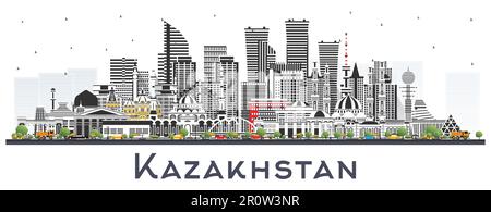 Kazakhstan City Skyline avec bâtiments gris isolés sur blanc. Illustration vectorielle. Concept avec architecture moderne. Kazakhstan paysage urbain. Illustration de Vecteur