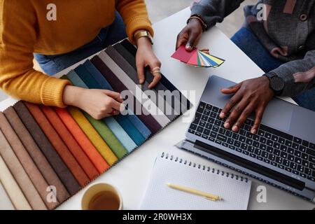 Vue en grand angle de deux concepteurs choisissant la couleur pour l'intérieur et travaillant avec le projet en ligne sur ordinateur portable Banque D'Images