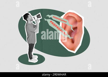Image bannière affiche collage de jeune gars se propageant avec la voix du mégaphone propagande news concept de contrôle de lavage de cerveau Banque D'Images