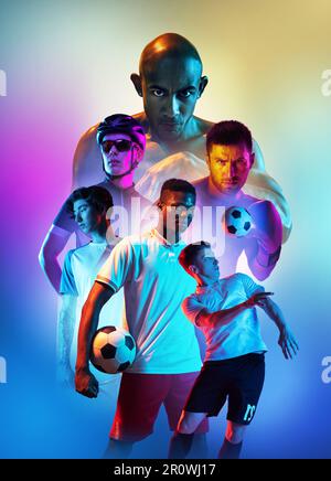 Collage composé de jeunes différents, sportifs masculins dans une boîte, football, cyclisme debout sur fond multicolore avec lumière néon Banque D'Images