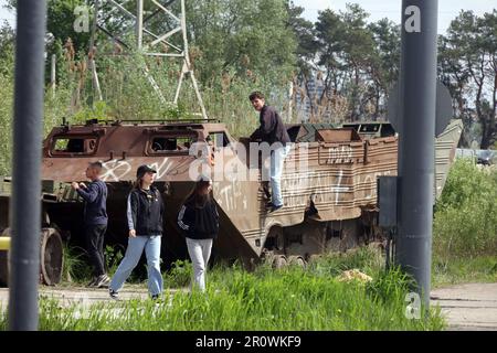 Non exclusif: KHARKIV, UKRAINE - 09 MAI 2023 - fragments d'équipement militaire russe détruits par les forces armées ukrainiennes pendant la défense de Banque D'Images