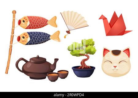 Japon avec des éléments traditionnels bonsaï arbre, drapeau koinobori, fun, maneki neko chat, grue d'origami et théière avec des tasses de thé dans le style de dessin animé isolé sur fond blanc. Illustration vectorielle Illustration de Vecteur