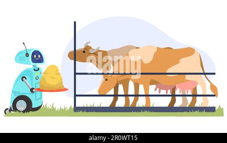 Illustration du vecteur de calage de l'aide d'un robot aidant à nourrir la vache Illustration de Vecteur