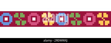 Motif de bordure géométrique vectoriel coloré, ornement pour textile ou tissu. Imprimé fleuri de couleur citron carpathienne. Pixel art, vyshyvanka, point de croix Illustration de Vecteur