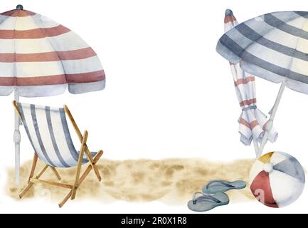 Aquarelle dessinée à la main. Accessoires de plage à rayures, parasols et chaises sur le sable. Isolé sur fond blanc. Décoration murale, mariage Banque D'Images