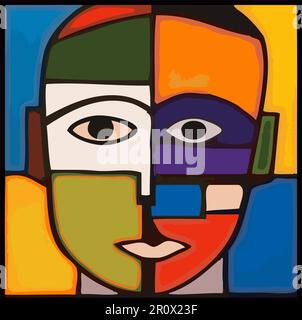 Illustration Art style cubiste tête Homme visage couleurs expression peinture moderne dessin fragments Psychologie Illustration de Vecteur