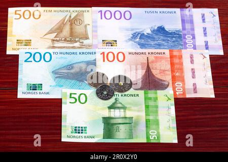 Monnaie norvégienne - Kroner - pièces et billets Banque D'Images