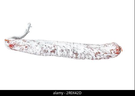 Saucisse espagnole de salami sec Fuet. Isolé sur fond blanc. Banque D'Images