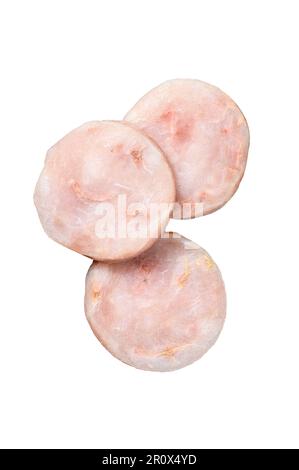 Côtelettes de poisson de morue hachée. Isolé sur fond blanc Banque D'Images