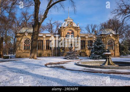 Vue sur le Tzariste, la famille Romanov de l'époque russe, le Palais du Grand-Duc Nicholas Constantinovich manson. Juste après une tempête d'hiver gauche un feu , blanc Banque D'Images