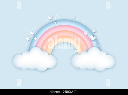 3d douche de bébé, arc-en-ciel avec nuages pour enfants design dans des couleurs pastel. Illustration vectorielle mignonne dans un style réaliste. Illustration de Vecteur