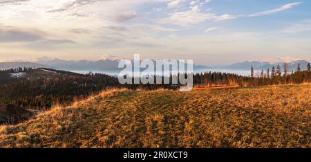 Tôt le matin des Carpates printemps paysage du plateau avec des sommets couverts de neige, loin de l'Ukraine. Banque D'Images